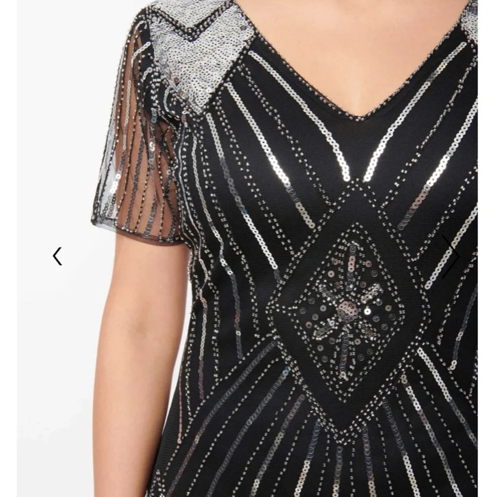 Unique Vintage NWT 1920s Silver Sequin & Black Fringe Katriane‎ Flapper Dress